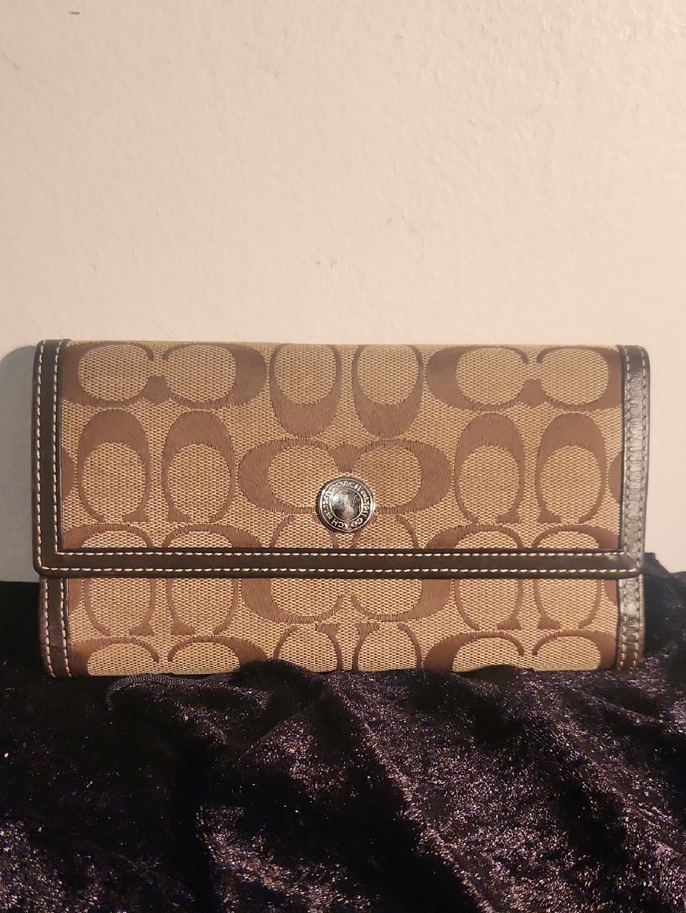 Coach Tan and Brown Signature Fold Wallet